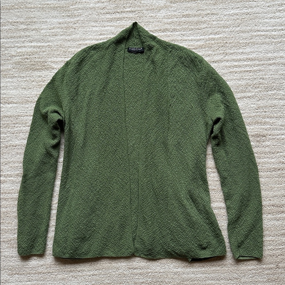 Eileen Fisher Green Cardigan Sweater 100% Wool Open Front Size Medium Petite